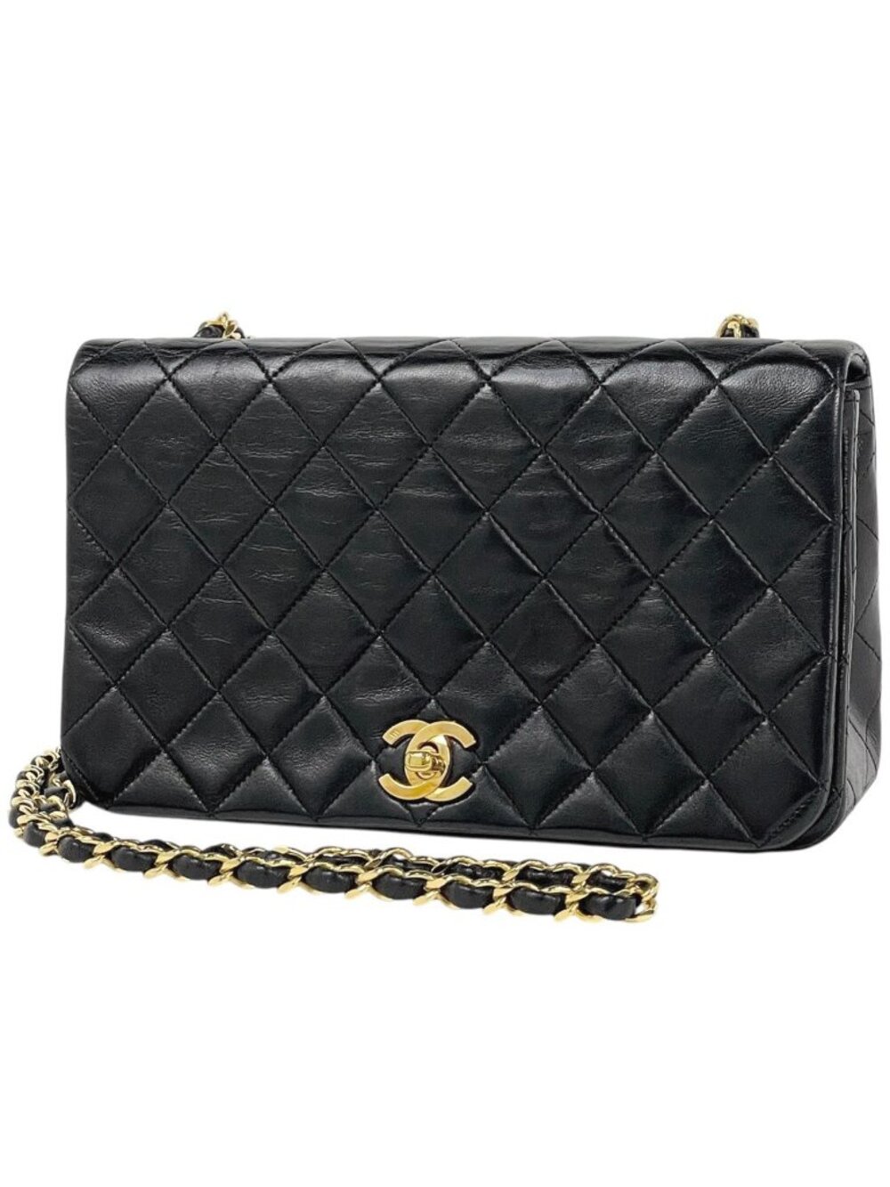 Chanel Quilted Single Flap Chain Shoulder Bag CC Logo Full Leather Black